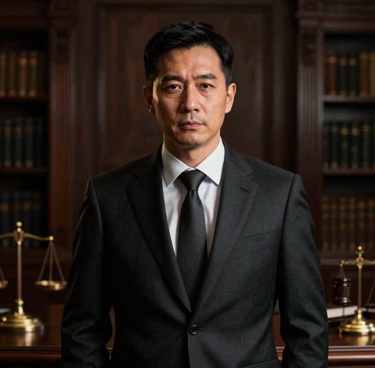 Authoritative portrait of a male lawyer in a dark tailored suit, serious expression, dramatic low-key lighting with golden highlights, classic law office background.