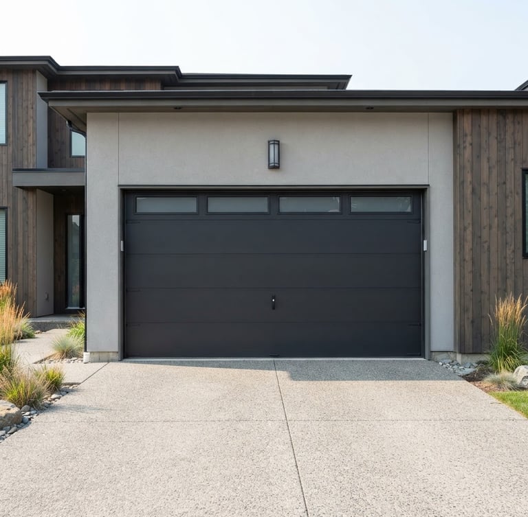 Straight-on architectural shot of a newly installed modern charcoal garage door on a contemporary home, bright natural daylight, crisp focus