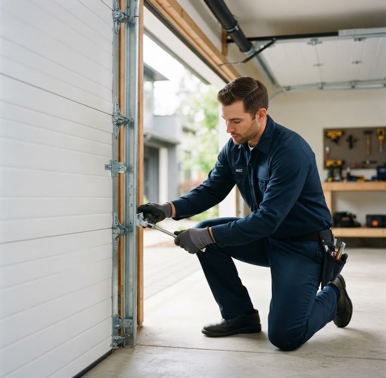 A neat professional technician in a clean uniform adjusting the steel tracks of a modern residential garage door, bright natural daylight, crisp commercial photography, 35mm lens