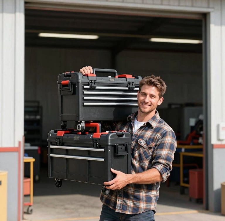 Straight-on crisp shot of a local tradesman in a rugged flannel shirt carrying a heavy tool organizer near a warehouse entrance, bright daylight, sharp focus, 35mm