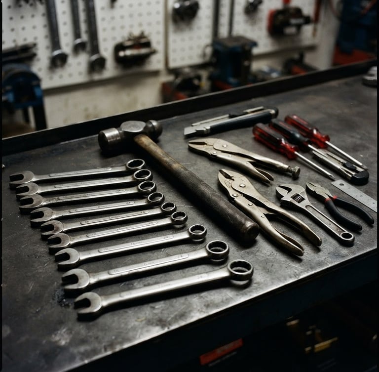 Sharp product photography of heavy-duty steel hand tools neatly arranged on a dark metal workbench, bright direct workshop light, high-contrast industrial tones, clean focus, 35mm