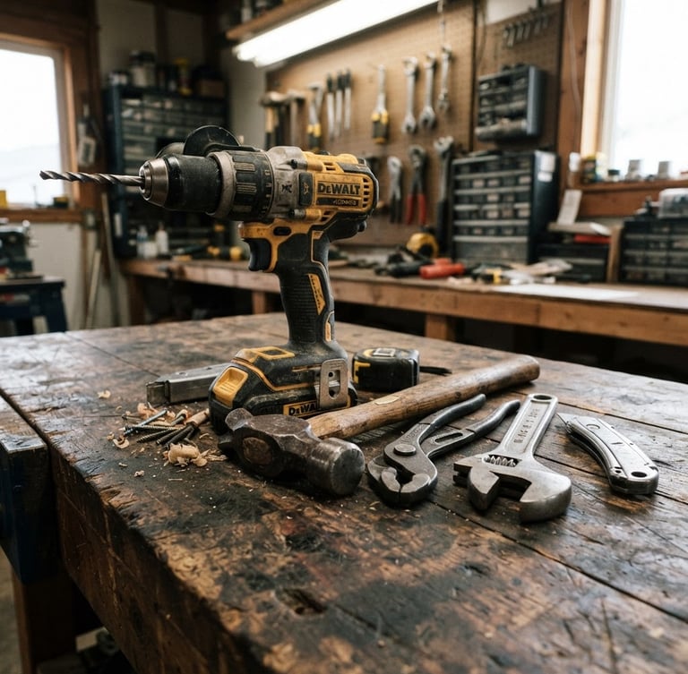 Sharp product photography of a heavy-duty power drill and rugged steel hand tools resting on a worn wooden workbench, bright direct workshop light, high-contrast industrial tones, 35mm