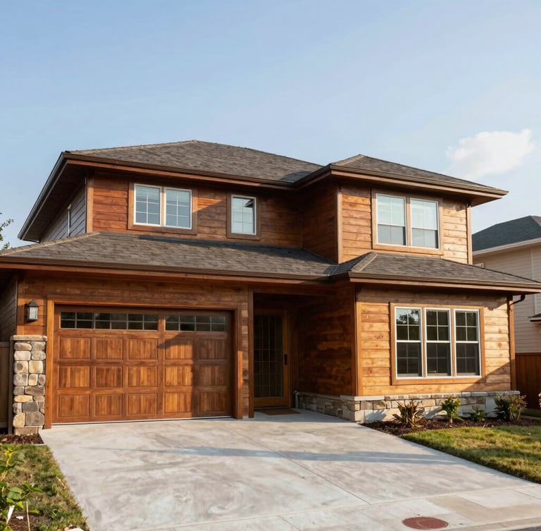 Wide-angle environmental shot of a restored premium residential exterior, clean roof lines, rich cedar wood tones, zero-residue finish.