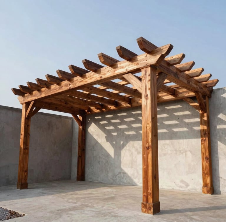 Wide-angle portrait shot of a custom timber pergola against a clear sky, rich cedar wood texture, dramatic architectural shadows