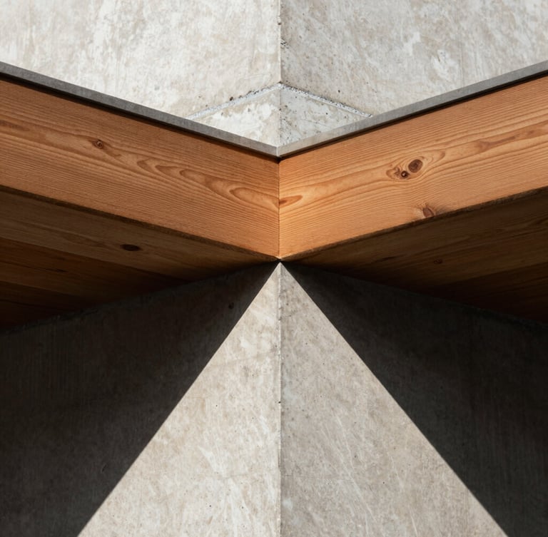 Extreme close-up architectural photograph of a flawless concrete joint and cedar timber connection, high-contrast late afternoon sunlight casting sharp geometric shadows, rich material textures.