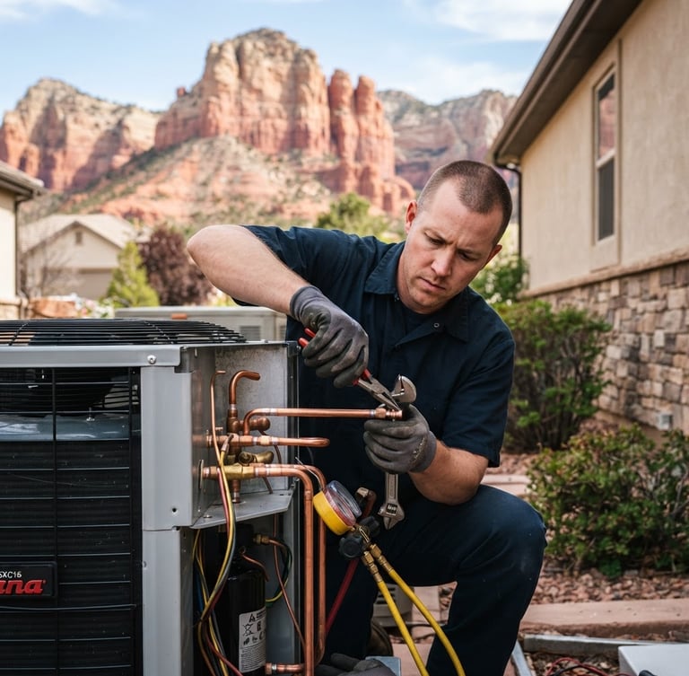 A Castle Rock Cool HVAC technician working on an outdoor condenser unit, focused on clean copper piping, with Castle Rock's distinct red rock backdrop under bright natural daylight.