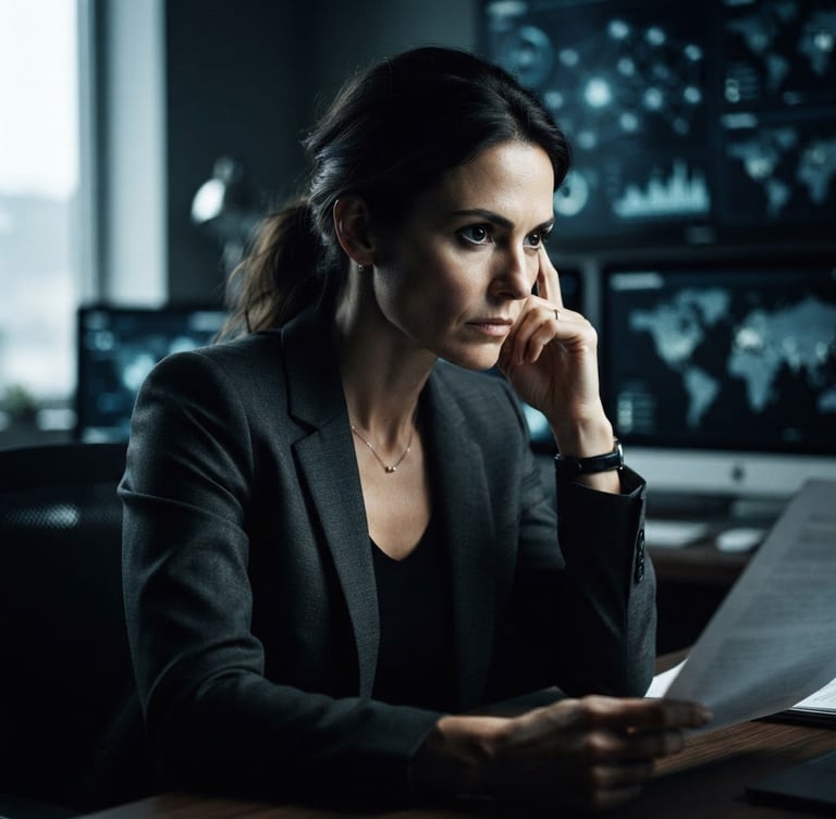 Dramatic, high-contrast editorial portrait of a criminologist, mid-30s, intense gaze, thoughtful analytical pose, side-lit with cool desaturated tones, against a blurred background of abstract data visualizations, tight off-center crop, 35mm film.