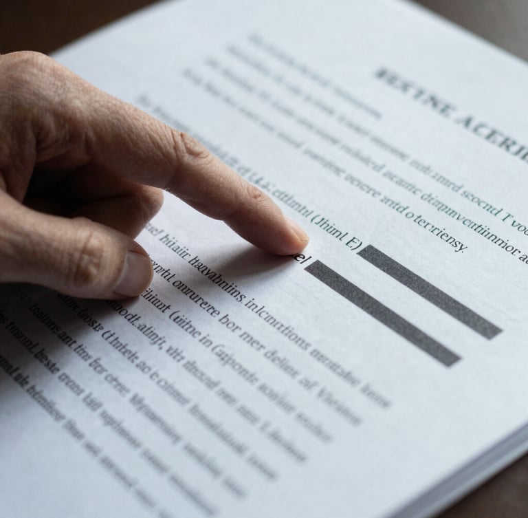 Tight, high-contrast close-up of a hand pointing to a specific, redacted section of a legal document, sharp side-lighting, cool desaturated tones, focus on the document details, 35mm film.
