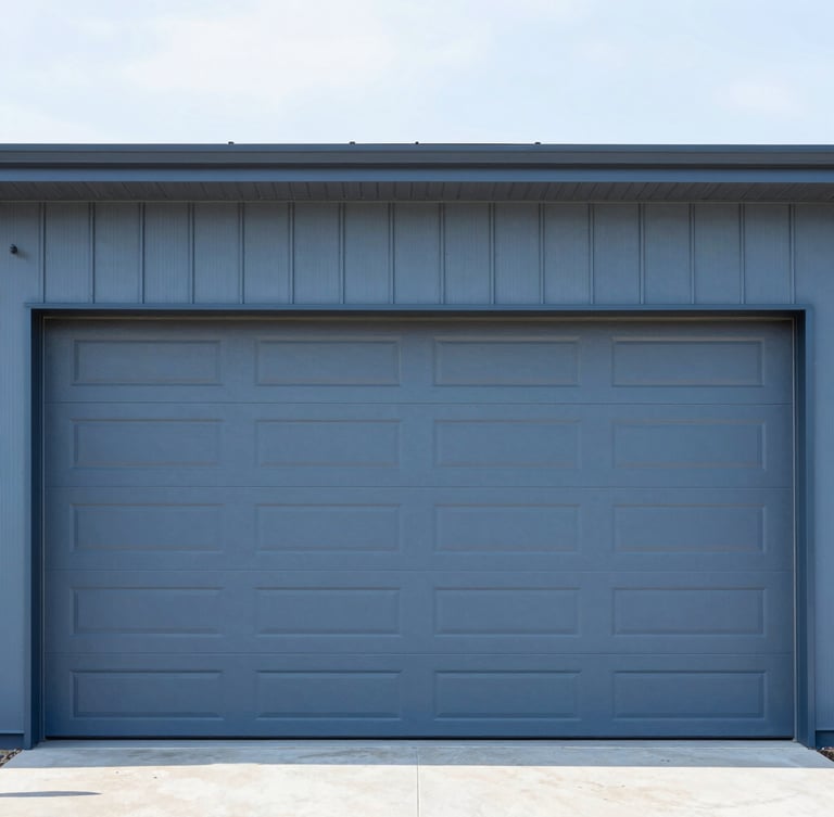 Wide exterior shot of a modern home with a newly installed, clean garage door, crisp industrial photography, bright natural daylight, clean high-contrast blue and steel tones, sharp focus, 35mm lens, low horizon.