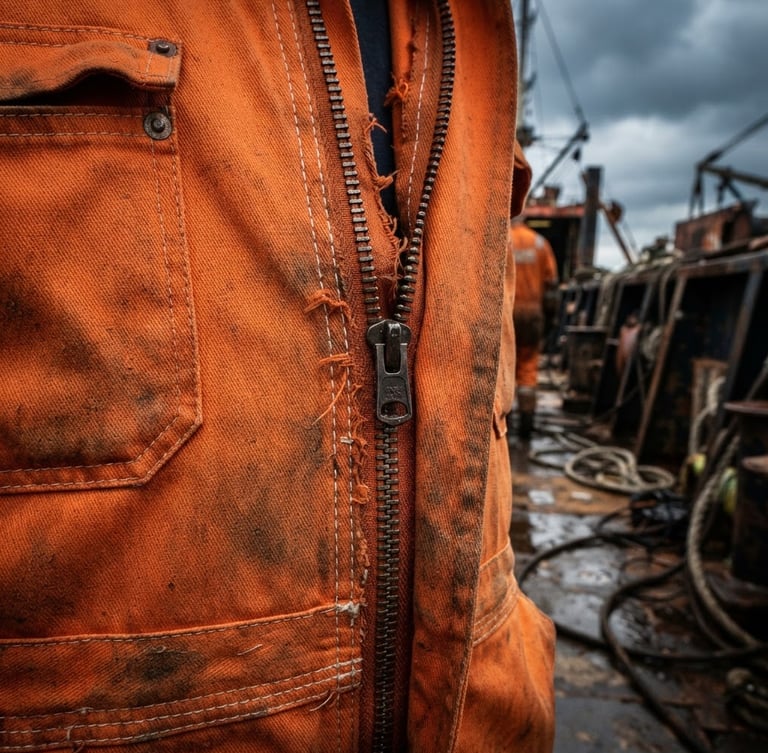 Close-up of double-stitched heavy-duty safety orange boiler suit fabric, steel zippers, industrial maritime setting, overcast daylight, 50mm lens