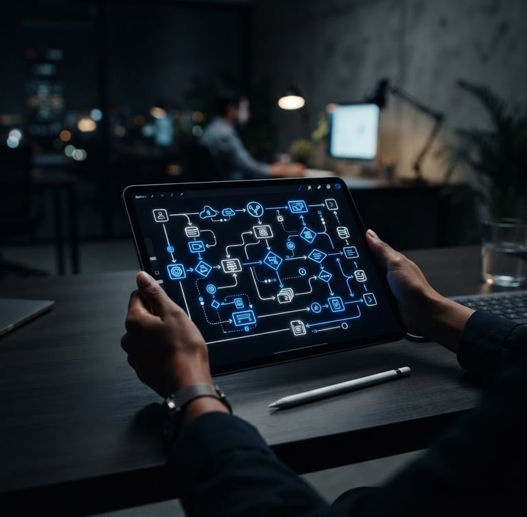 Dark-mode tech photography of a modern Mexican office workspace, a tablet showing an active automation flow diagram with glowing electric blue nodes, moody low-key lighting, sharp focus, 35mm