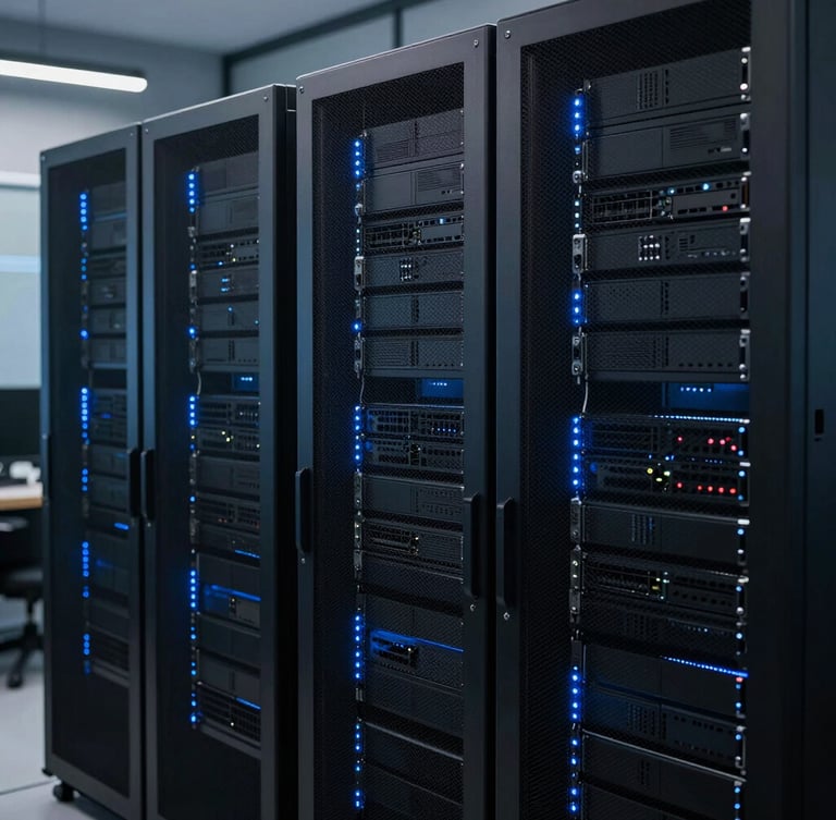 High-tech server racks with subtle blue LED lighting, clean modern workspace, electric blue accent glows, sharp focus, 35mm