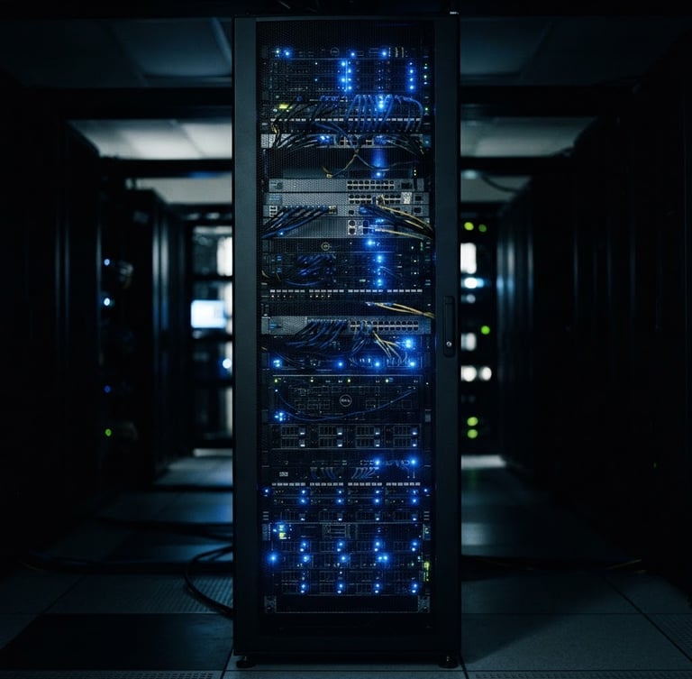 Portrait shot of a sleek server cabinet with glowing electric blue LED indicator lights in a dark high-tech facility, moody low-key lighting, sharp focus, 35mm