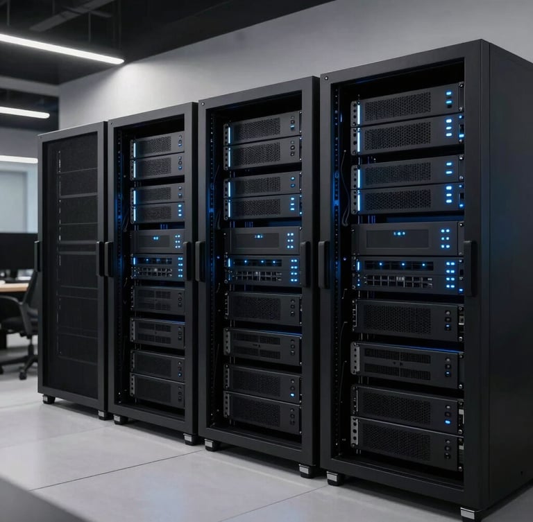 Sleek low-key tech workstation in Mexico City, server racks with subtle electric blue LED lighting, clean lines, high-contrast digital agency environment, 35mm
