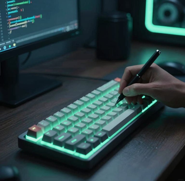 Close-up of a developer writing clean code on a mechanical keyboard, cool-toned low-key office lighting with neon mint accents, 35mm lens