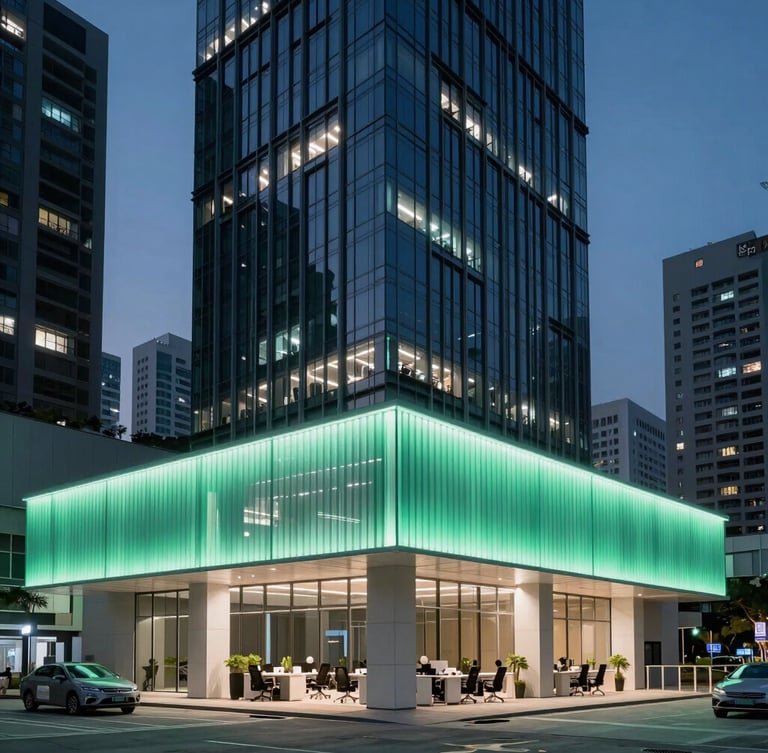 Cinematic wide shot of a modern Hong Kong high-rise workspace at dusk, cool-toned ambient office lighting with sharp neon mint accents, 35mm lens