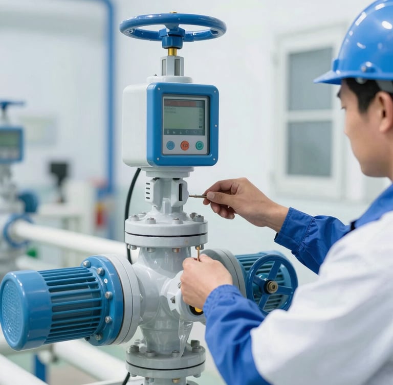 Close-up shot of a technical operator in safety gear adjusting a control valve on a chemical dosing pump, bright clinical daylight, crisp blue and sterile white tones, sharp focus, 35mm lens