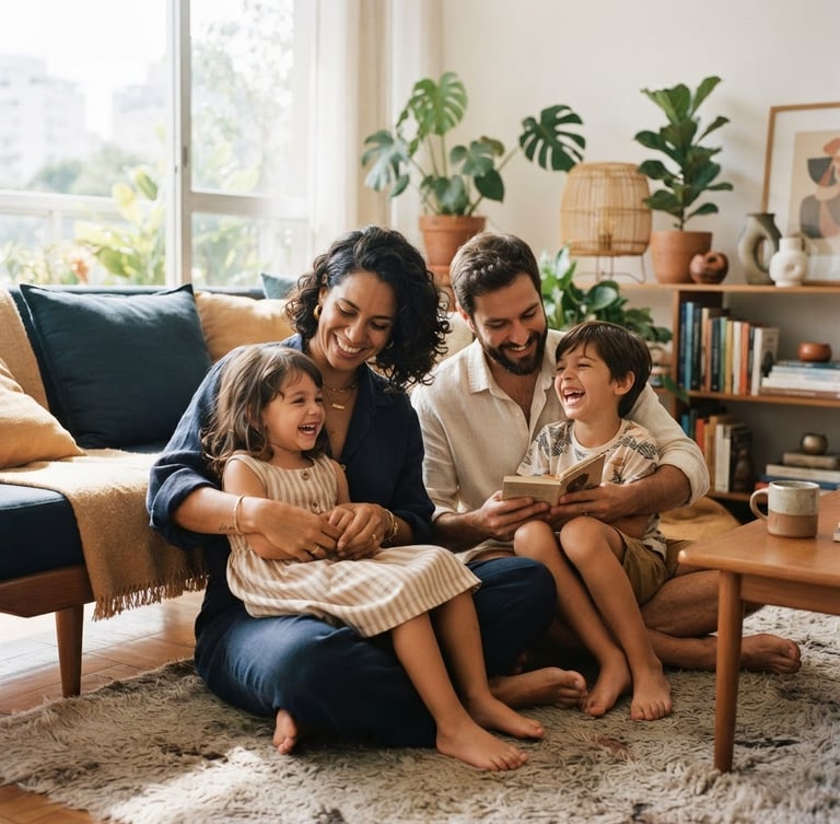Warm editorial photography of a modern Brazilian family sitting together in a sunlit living room, soft natural daylight, deep navy and warm sand tones, shallow depth of field, authentic.