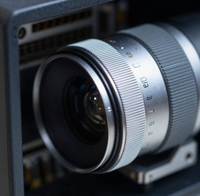 Extreme close-up of server hardware with cool silver highlights and deep slate shadows, macro lens perspective.