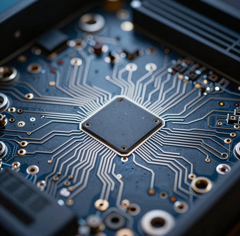 Extreme close-up macro photography of server hardware circuitry, cool low-key studio lighting with sharp silver highlights and deep slate shadows, structured geometric perspective, precise technical detail.