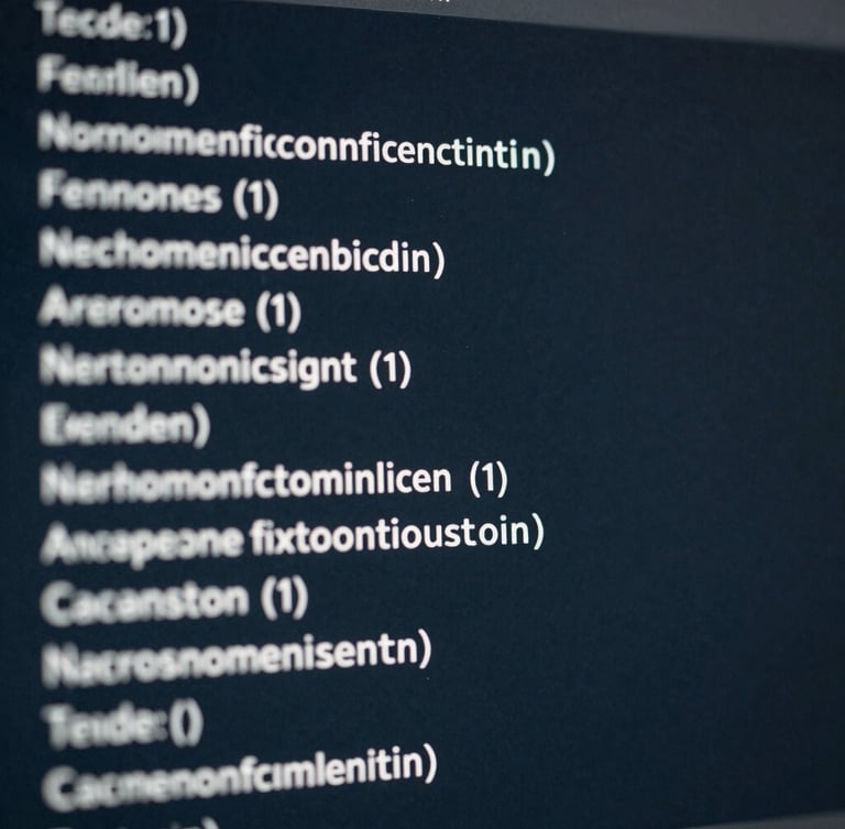 Macro view of crisp terminal interface displaying structured configuration files, cool white and silver text on a deep slate screen, low-key lighting.