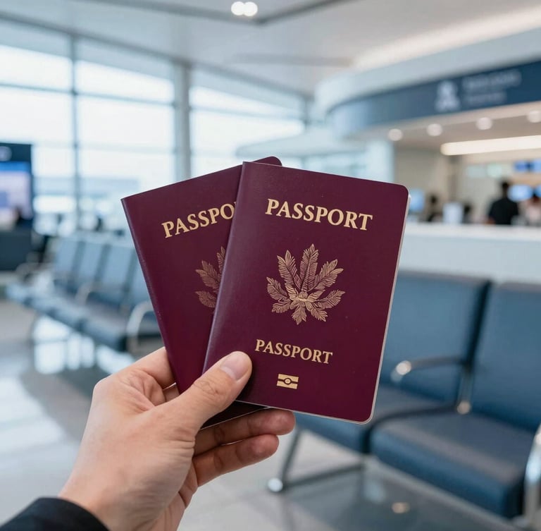 Close-up of a traveler holding a passport in a sleek, modern airport lounge, cool blue lighting, sharp focus on travel documents and passports, 35mm lens.