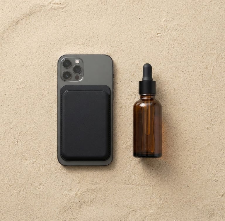 Top-down flat-lay of a minimalist mobile accessory and a clean beauty bottle on a neutral sand background, bright natural window light, soft shadows