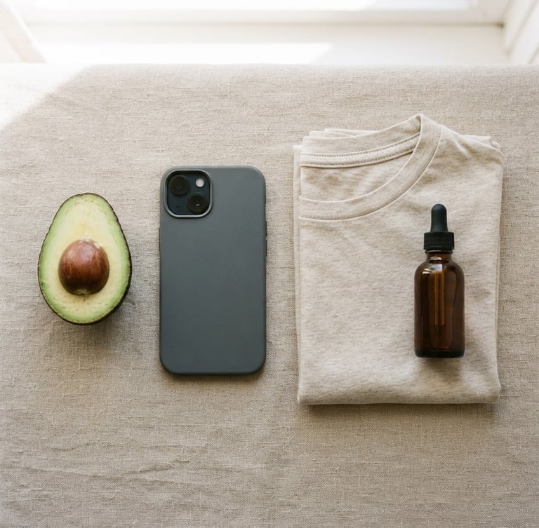 Top-down flat-lay of a single ripe avocado, a sleek matte charcoal phone case, a folded organic cotton t-shirt, and an amber glass beauty oil bottle on a neutral sand background, bright natural window light, soft shadows, 35mm photography