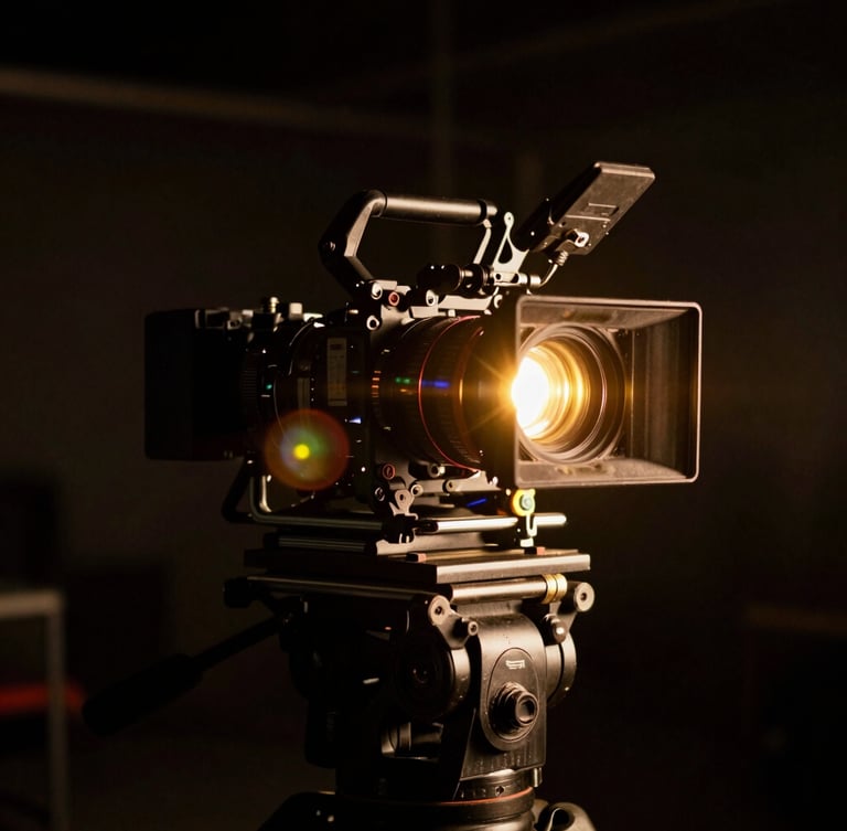 Cinematic camera rig on a dark film set, dramatic golden rim lighting, anamorphic lens flares, shallow depth of field, 35mm