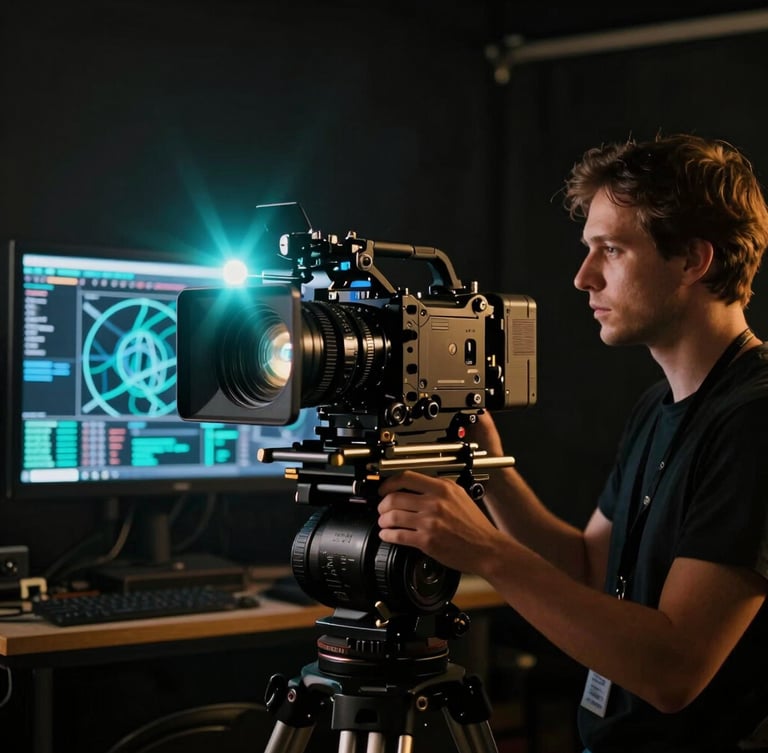 Cinematic portrait shot of a high-end camera rig on a dark film set, glowing anamorphic teal lens flare, professional director looking at a monitor displaying neural network data visualizations, 35mm photography, dramatic low-key lighting, deep shadows with gold accents