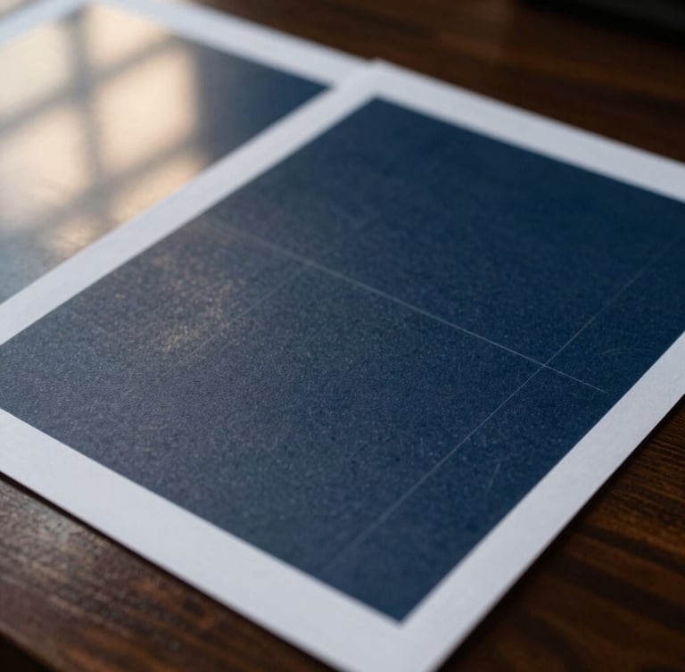 Close-up of high-quality printed financial documents on a dark wooden table, soft natural window light casting elegant shadows, professional editorial style, deep navy tones