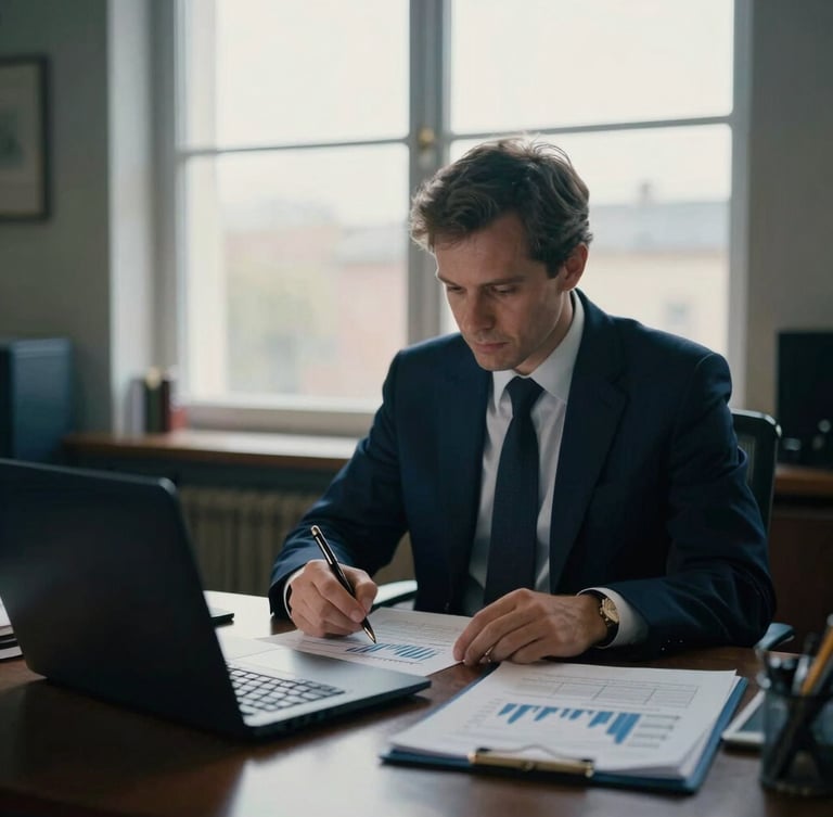 Mains d'un analyste financier en costume ajusté annotant un graphique de flux de trésorerie imprimé, bureau feutré, tons bleu nuit et lumière naturelle rasante.