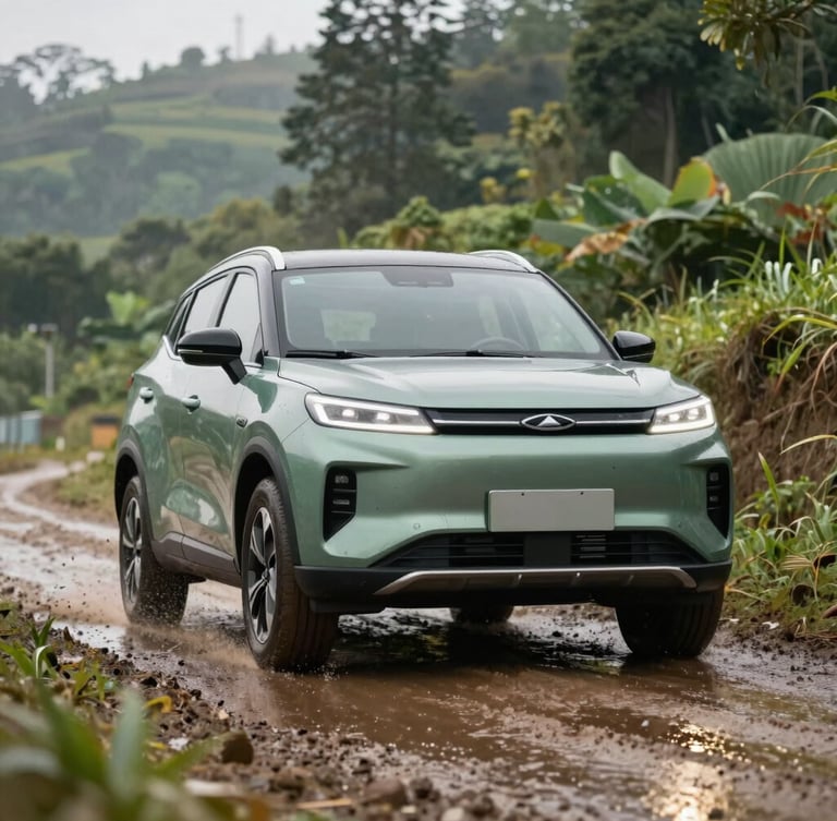Low-angle heroic shot of the boxy metallic green Chery J6 EV traversing a wet, muddy trail in the lush Sentul hills, dramatic morning light reflecting off its sharp LED headlights, splash of water.