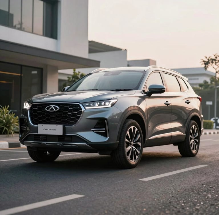Low-angle heroic shot of Chery Tiggo 8 Pro Max parked on a quiet, modern street in Sentul, Bogor, soft morning light reflecting off the deep metallic paint, clean composition.