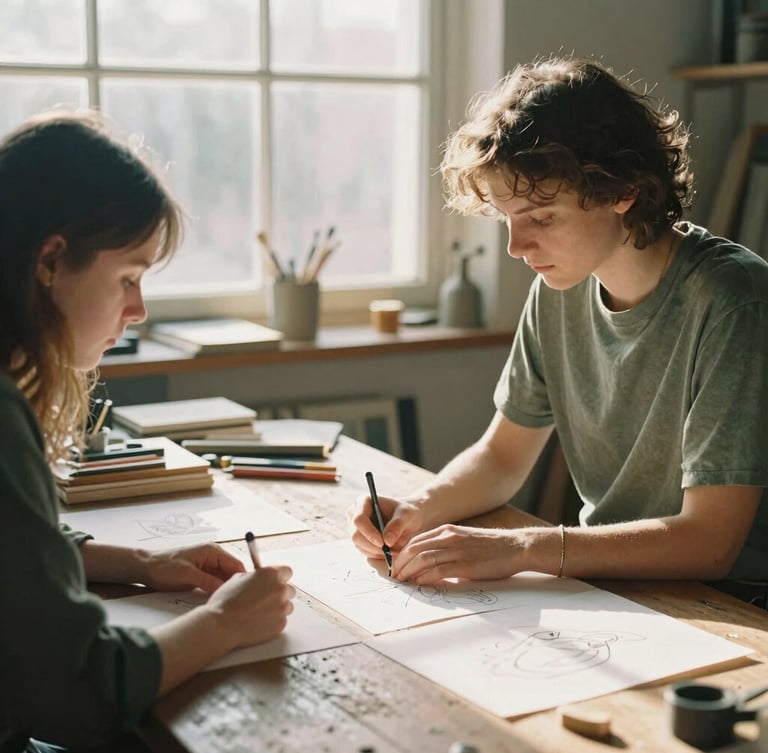 A warm environmental portrait of two designers reviewing sketches at a weathered wooden workshop table, soft golden hour sunbeams filtering through a studio window, shallow depth of field, 35mm film.