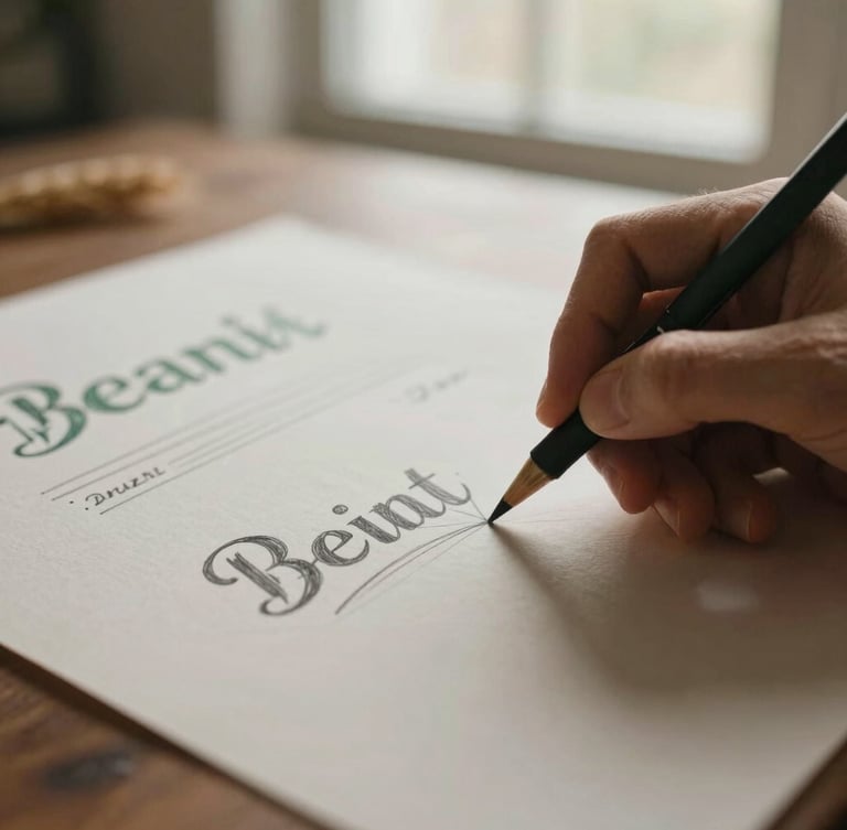 Warm editorial photography, close-up macro shot of hands sketching a brand concept on thick textured paper stock, soft morning window light, earthy wheat tones, shallow depth of field.