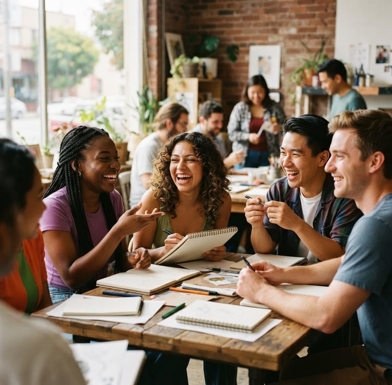 Candid photograph of diverse young adults laughing and engaged in an interactive group workshop, warm natural window light, shallow depth of field, vibrant inclusive tones, Oakland community space.