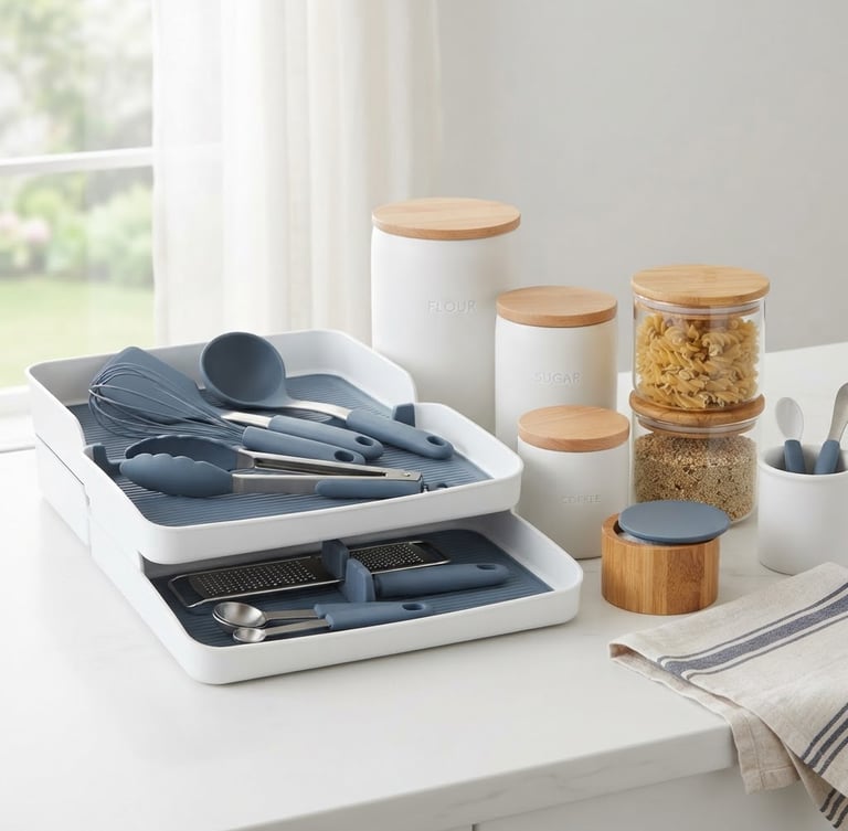 Bright high-key product photography of neatly stacked minimalist storage organizers and kitchen tools on a clean white countertop, soft natural window light, slate blue accents