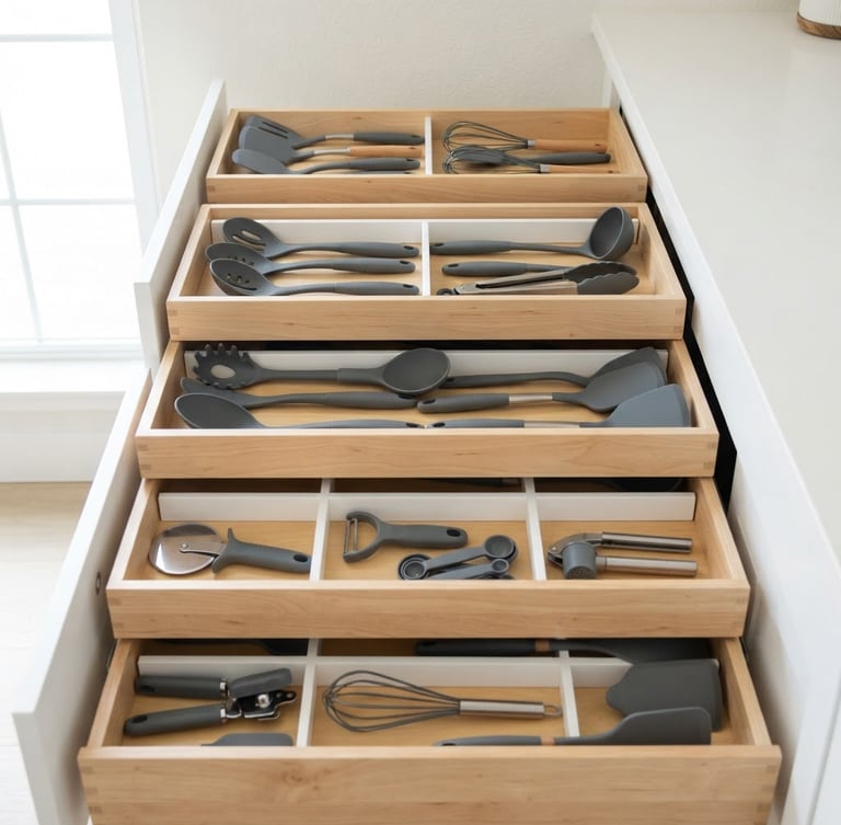 Straight-on eye-level shot of neatly organized kitchen drawers with unbranded gray silicone utensils, soft natural daylight, clean white background.