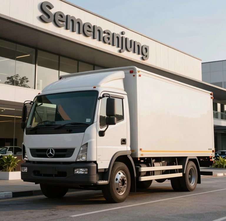 Clean local commercial lorry parked in front of modern Semenanjung shoplots, warm late-afternoon Malaysian sun, sharp details of cargo tie-downs, low-angle professional framing