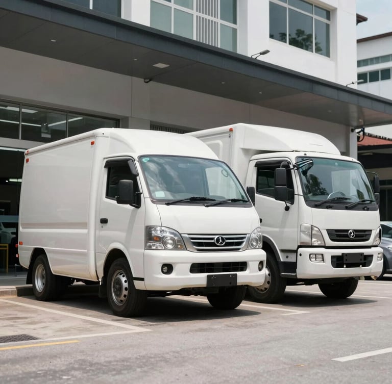 Low-angle shot of a clean commercial 4x4 vehicle and a 3-ton lorry parked side-by-side in front of a modern Malaysian shoplot in Kuala Lumpur, bright natural daylight.
