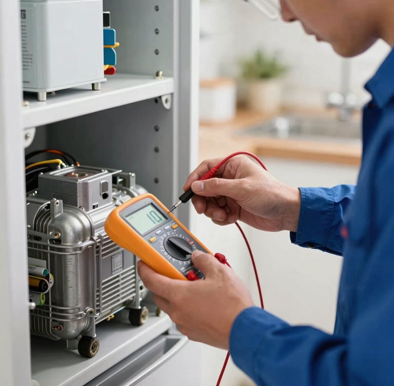 Close-up of a professional technician in a clean blue uniform using a digital multimeter to measure a refrigerator compressor motor inside a bright kitchen, natural light, hands visible working with precision tools.