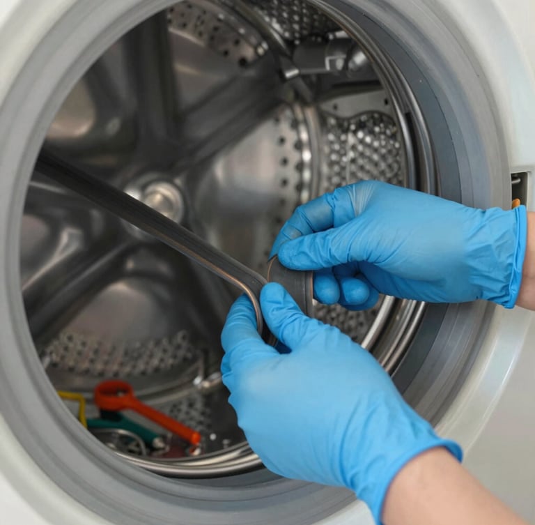 Close-up of a professional technician's hands in blue protective gloves replacing a rubber belt on a washing machine drum, bright natural light, clean tools nearby, focused editorial composition.