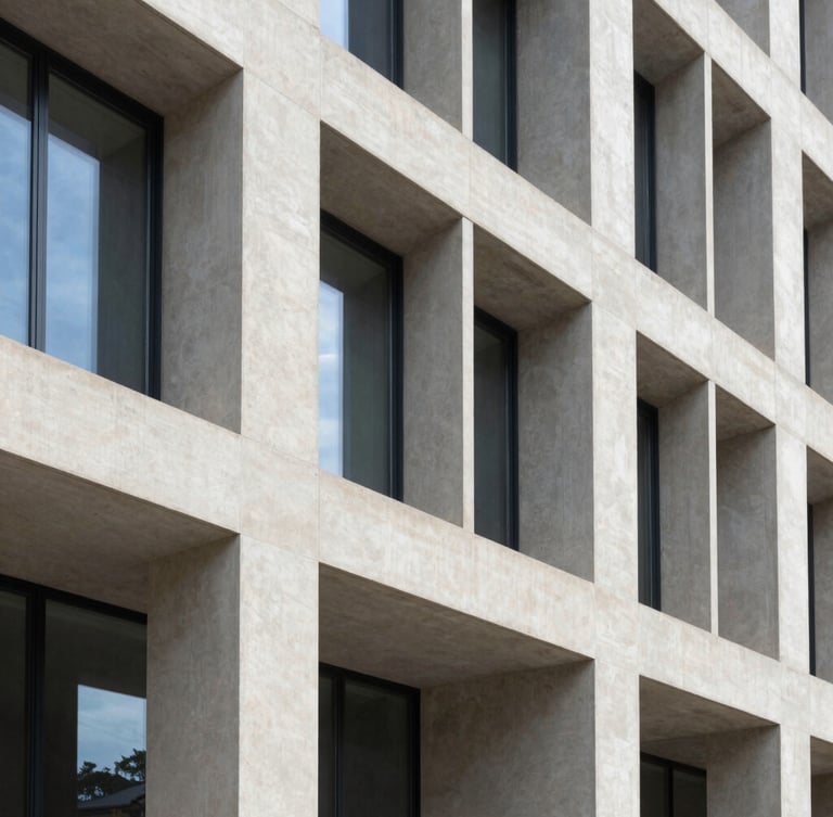 Elegant architectural close-up of a modern French government building facade with clean geometric concrete lines and soft daylight, 35mm photography