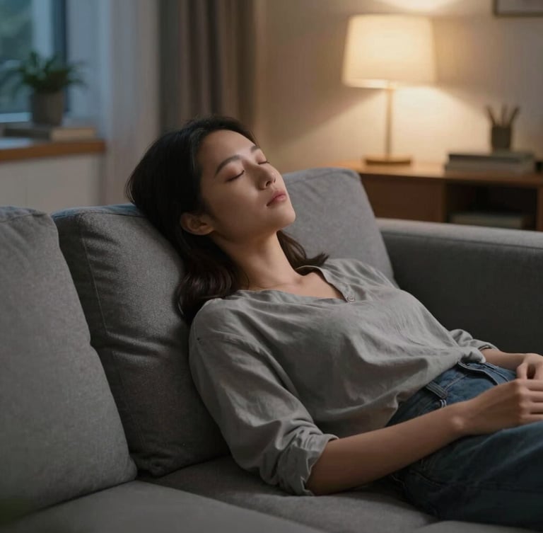 Medium shot of a woman resting calmly on a sofa in a dimly lit living room at twilight, eyes closed in quiet repose, soft ambient lamp light, serene atmosphere.