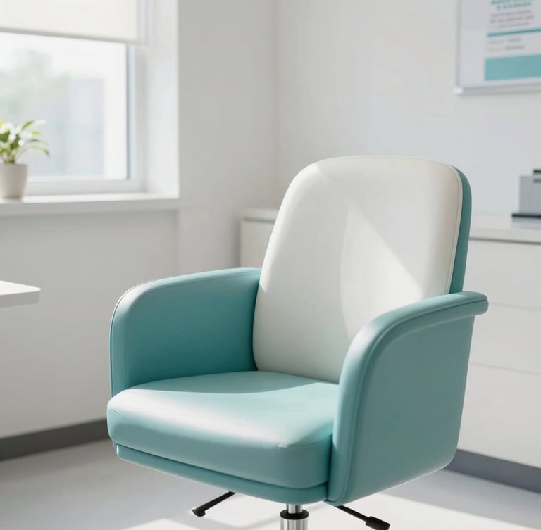 Bright clinical office with soft natural daylight, a comfortable modern armchair, clean teal accents, professional and calming atmosphere, 35mm