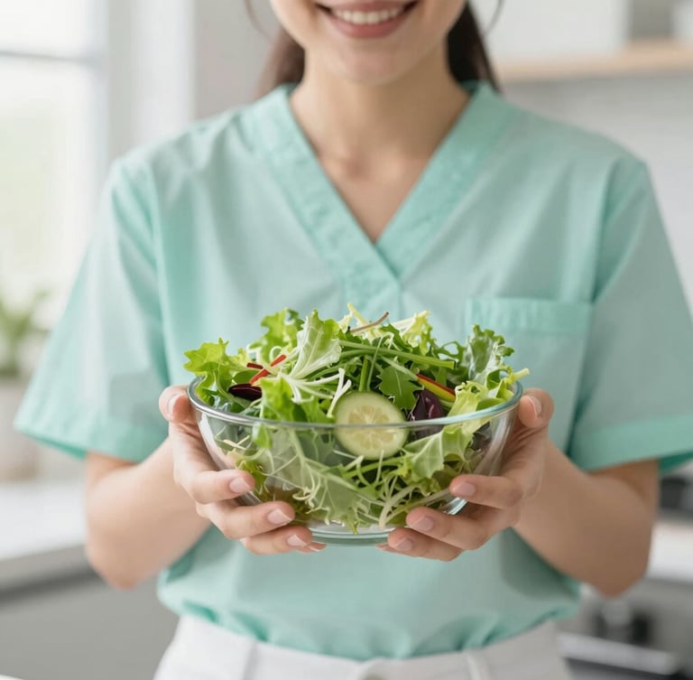 Bright clinical photography, soft natural daylight, a person smiling while holding a bowl of fresh green salad, clean professional setting, 35mm