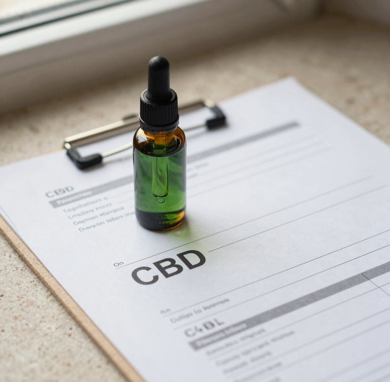 Close-up of a clean printed lab report sheet next to a dropper bottle of CBD oil on a warm stone surface, soft natural light