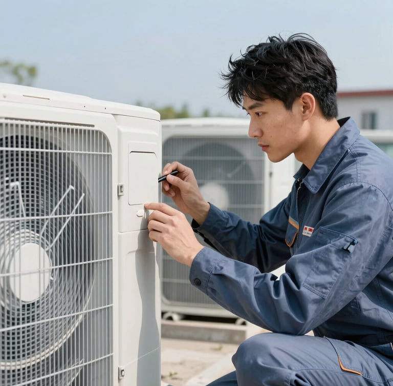 A certified bilingual HVAC technician in a slate blue uniform carefully inspecting an outdoor condenser unit during clear daylight, sharp focus, 35mm
