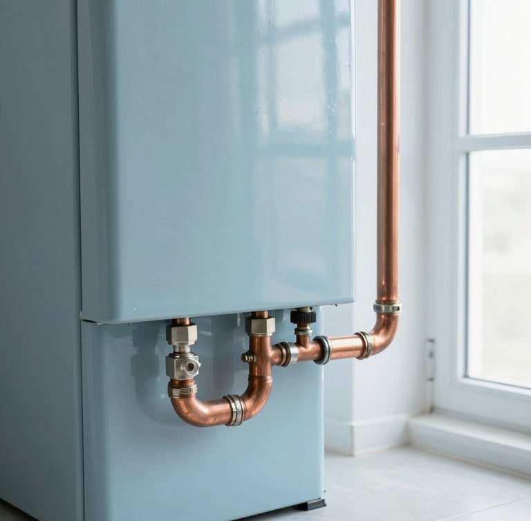 A clean close-up of copper piping and a newly installed furnace unit in a bright basement utility room, cool slate blue tones, sharp focus, 35mm
